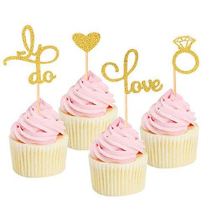 Wedding Bridal Shower Cupcake Toppers- Gold Glitter Diamond Ring Love I Do Heart Cupcake Topper Picks for Wedding Engagement Bridal Shower - Decotree.co Online Shop