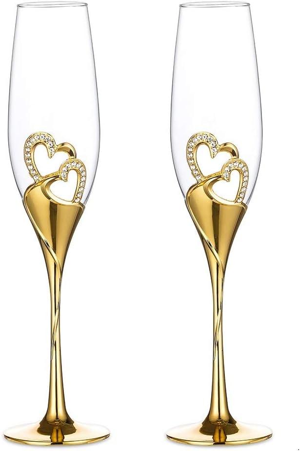 Wedding Champagne Glass Set Gold Toasting Flute Glasses Deluxe Pack of 2 with Rhinestone Rimmed Hearts - Decotree.co Online Shop