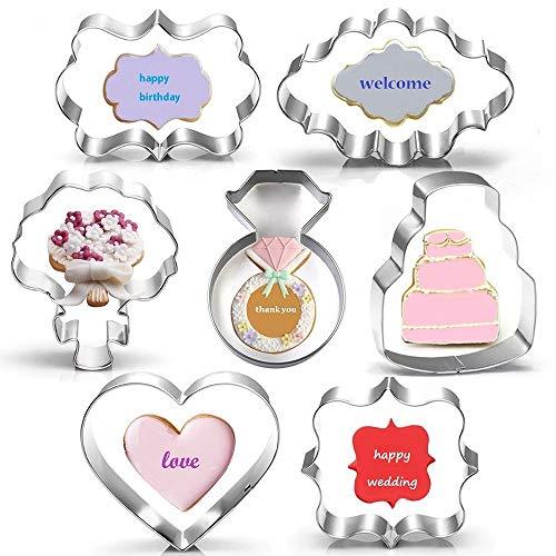 Wedding Cookie Cutter Set-7 Piece-3 Inches-Heart, Diamond Ring, Wedding Cake, Flower, Rectangle, Square and Oval Plaque Cookie Cutters Molds for Bridal Shower Engagement - Decotree.co Online Shop
