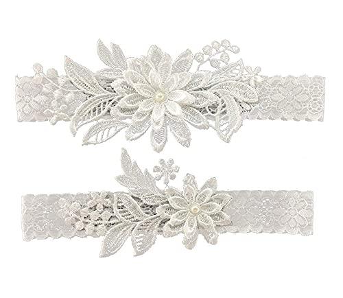 Wedding Garters for Bride Daisy Lace Bridal Garter Hand Sewn Faux Pearls Garter Set 2 Pieces (White) - Decotree.co Online Shop