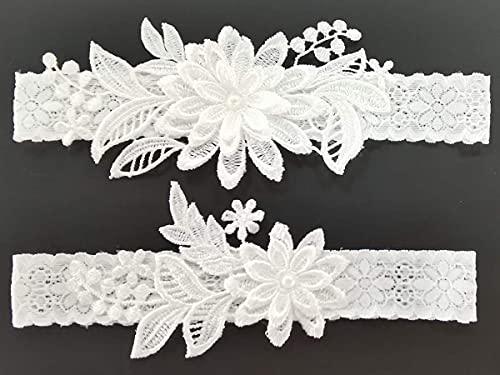 Wedding Garters for Bride Daisy Lace Bridal Garter Hand Sewn Faux Pearls Garter Set 2 Pieces (White) - Decotree.co Online Shop