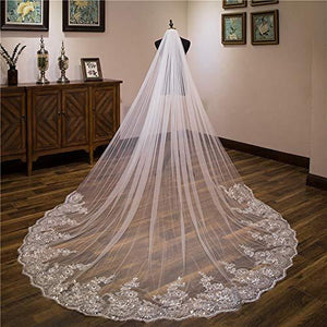 Wedding Veil Cathedral Bridal Veil for Women Lace Sequins 1 Tier Long Wedding Bridal Veil, White - Decotree.co Online Shop