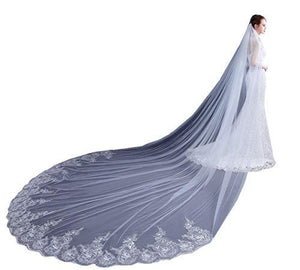 Wedding Veil Cathedral Bridal Veil for Women Lace Sequins 1 Tier Long Wedding Bridal Veil, White - Decotree.co Online Shop