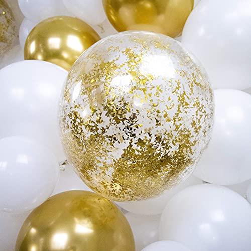 White and Gold Balloon Arch Kit | Balloon Garland | 16' | 150 Balloons | Gold Crushed Confetti Balloons, Gold Chrome Metallic Balloons, & White Premium Latex Balloons - Decotree.co Online Shop