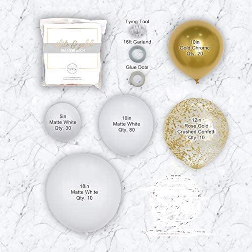 White and Gold Balloon Arch Kit | Balloon Garland | 16' | 150 Balloons | Gold Crushed Confetti Balloons, Gold Chrome Metallic Balloons, & White Premium Latex Balloons - Decotree.co Online Shop