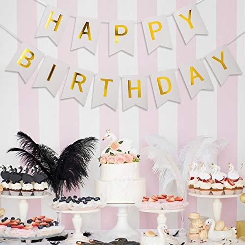 White and Golden Premium Quality Happy Birthday Banners with Golden Sparkle Shimmering Letters - Decotree.co Online Shop