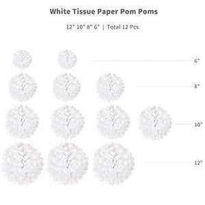 White Tissue Paper Pom Poms Flowers Party Decorations 12" 10" 8" 6" Pack of 12 - Decotree.co Online Shop