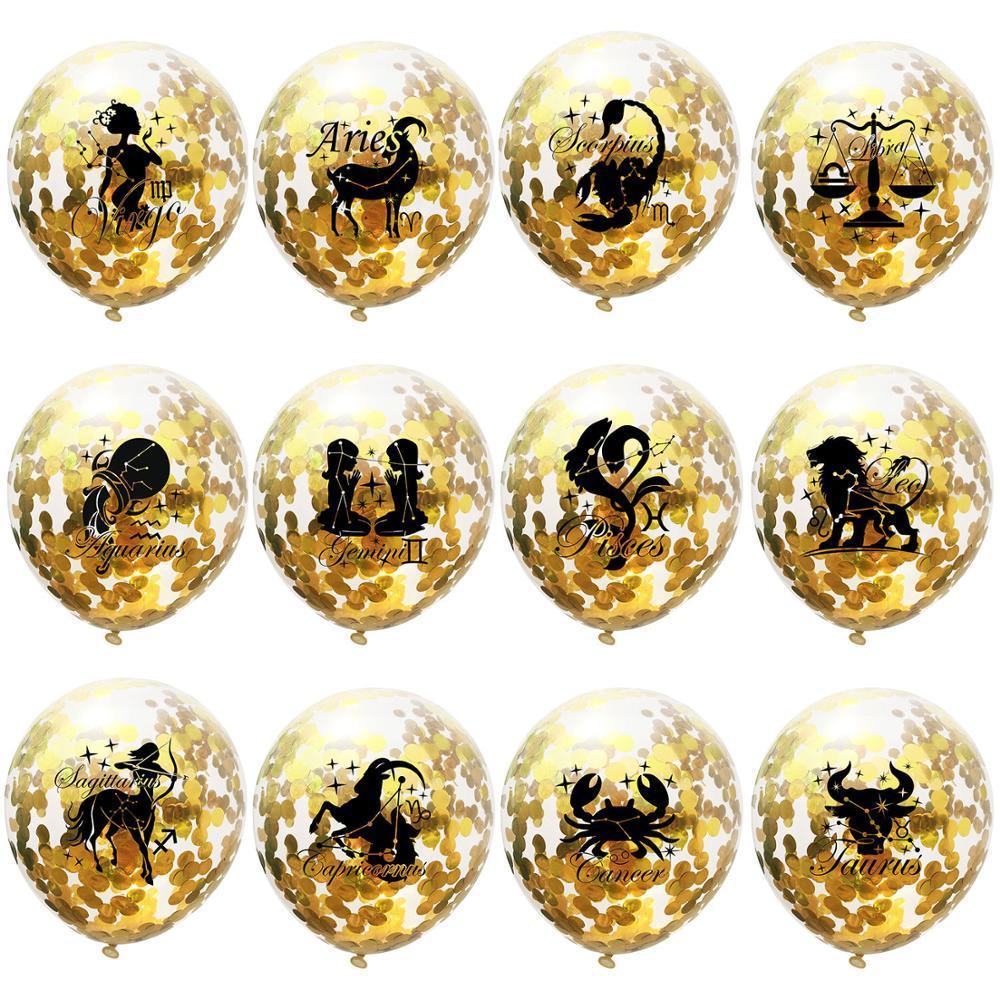 Zodiac Sign Sequin Birthday Balloon - Gold & White - Birthday Wedding New Year Baby Shower - 10 Pieces - 12 Inches - Decotree.co Online Shop